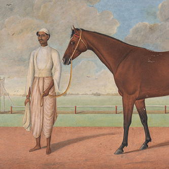 Painting of groom holding horse by rope
