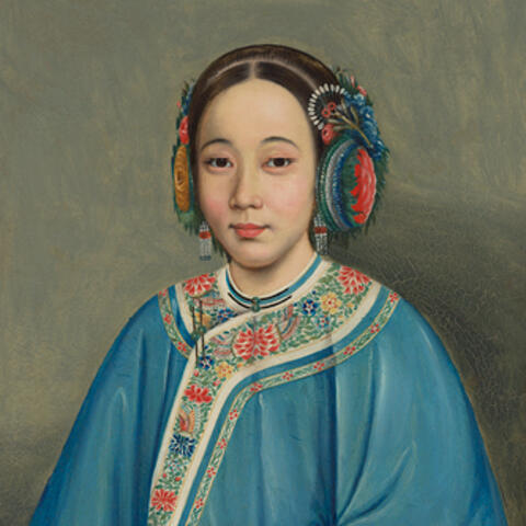 Painted portrait of woman in blue dress